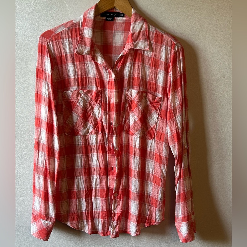 Sanctuary Coral/White Plaid Linen Blouse